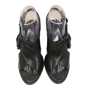 AllSaints Shoes Womens Size 38 Black Leather Wedge Sandals Buckle Heels Brazil